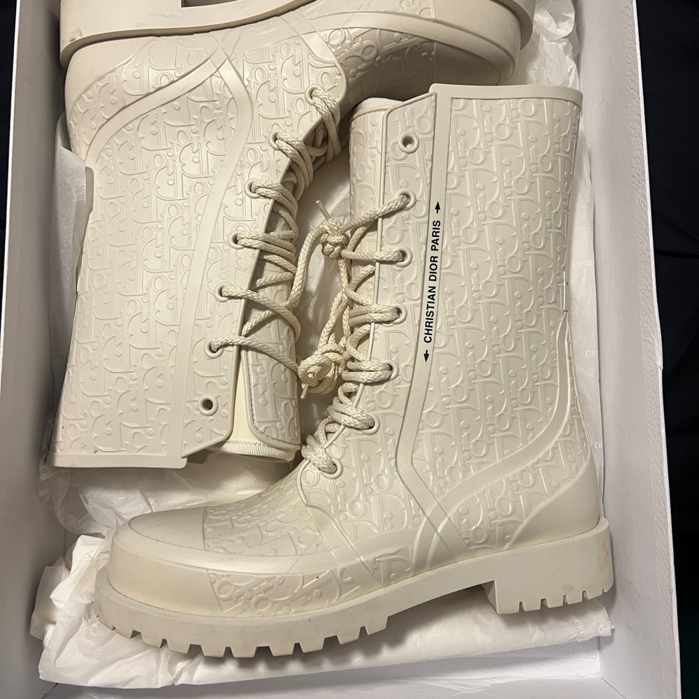 Dior Women's Embossed Cream Combat Boots